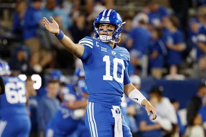 Sep 29, 2023; Provo, Utah, USA; Brigham Young Cougars quarterback Kedon Slovis (10) warms up prior to their game against the Cincinnati Bearcats at LaVell Edwards Stadium.